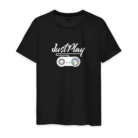 Мужская футболка хлопок с принтом Just Play в Екатеринбурге, 100% хлопок | прямой крой, круглый вырез горловины, длина до линии бедер, слегка спущенное плечо. | game | gamepad | gamer | joystick | player | денди | джойстик | игра | игрок | консоль | приставка