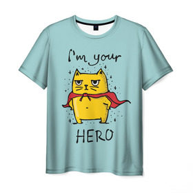 Мужская футболка 3D с принтом Я твой герой в Екатеринбурге, 100% полиэфир | прямой крой, круглый вырез горловины, длина до линии бедер | Тематика изображения на принте: cat | герой | домашние любимцы | животные | котики | котэ | котята | любовь | милые