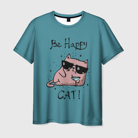 Мужская футболка 3D с принтом Быть счастливым котом! в Екатеринбурге, 100% полиэфир | прямой крой, круглый вырез горловины, длина до линии бедер | cat | happy | домашние любимцы | животные | котики | котэ | котята | любов | милые | счастье