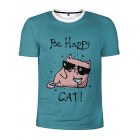 Мужская футболка 3D спортивная с принтом Быть счастливым котом! в Екатеринбурге, 100% полиэстер с улучшенными характеристиками | приталенный силуэт, круглая горловина, широкие плечи, сужается к линии бедра | Тематика изображения на принте: cat | happy | домашние любимцы | животные | котики | котэ | котята | любов | милые | счастье