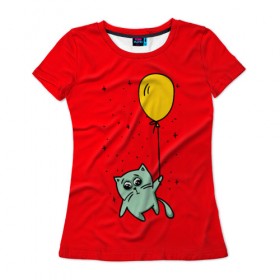 Женская футболка 3D с принтом Котик на шарике в Екатеринбурге, 100% полиэфир ( синтетическое хлопкоподобное полотно) | прямой крой, круглый вырез горловины, длина до линии бедер | cat | домашние любимцы | животные | котики | котэ | котята | любовь | милые | шарик