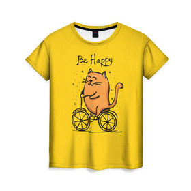 Женская футболка 3D с принтом Be Happy,cat в Екатеринбурге, 100% полиэфир ( синтетическое хлопкоподобное полотно) | прямой крой, круглый вырез горловины, длина до линии бедер | cat | домашние любимцы | животные | котики | котэ | котята | любовь | милые