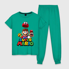 Женская пижама хлопок с принтом Super Mario в Екатеринбурге, 100% хлопок | брюки и футболка прямого кроя, без карманов, на брюках мягкая резинка на поясе и по низу штанин | nintendo | марио | нинтендо