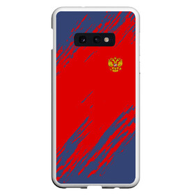 Чехол для Samsung S10E с принтом RUSSIA SPORT в Екатеринбурге, Силикон | Область печати: задняя сторона чехла, без боковых панелей | russia | белый | болельщик | герб | двуглавый орел | корона | красный | лошадь | модные | надписи | орел | патриот | россия | синий | спорт | спортивные | триколор | униформа | фанат | цвет