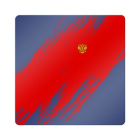 Магнит виниловый Квадрат с принтом RUSSIA SPORT в Екатеринбурге, полимерный материал с магнитным слоем | размер 9*9 см, закругленные углы | russia | белый | болельщик | герб | двуглавый орел | корона | красный | лошадь | модные | надписи | орел | патриот | россия | синий | спорт | спортивные | триколор | униформа | фанат | цвет