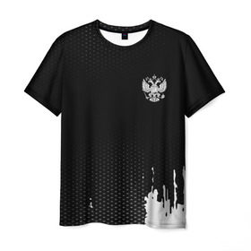 Мужская футболка 3D с принтом Russia black collection в Екатеринбурге, 100% полиэфир | прямой крой, круглый вырез горловины, длина до линии бедер | abstraction | grunge | russia | sport | абстракция | герб | краска | русский | символика рф | спорт | спортивный | триколор | униформа | форма | я русский