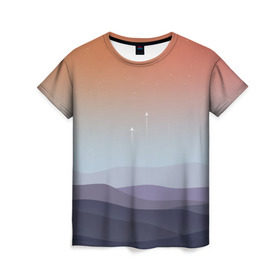 Женская футболка 3D с принтом Безмятежность в Екатеринбурге, 100% полиэфир ( синтетическое хлопкоподобное полотно) | прямой крой, круглый вырез горловины, длина до линии бедер | landscape | stars | барханы | взлёт | звёзды | космос | небо | пейзаж | пески | полёт | пустыня | ракета