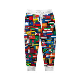 Детские брюки 3D с принтом Флаги всех стран в Екатеринбурге, 100% полиэстер | манжеты по низу, эластичный пояс регулируется шнурком, по бокам два кармана без застежек, внутренняя часть кармана из мелкой сетки | интернационал | мир | паттерн | флаг