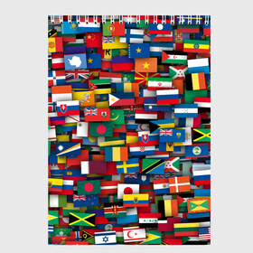 Скетчбук с принтом Флаги всех стран в Екатеринбурге, 100% бумага
 | 48 листов, плотность листов — 100 г/м2, плотность картонной обложки — 250 г/м2. Листы скреплены сверху удобной пружинной спиралью | Тематика изображения на принте: интернационал | мир | паттерн | флаг
