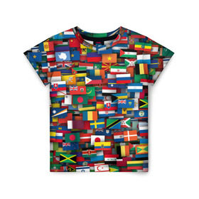 Детская футболка 3D с принтом Флаги всех стран в Екатеринбурге, 100% гипоаллергенный полиэфир | прямой крой, круглый вырез горловины, длина до линии бедер, чуть спущенное плечо, ткань немного тянется | интернационал | мир | паттерн | флаг
