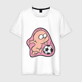 Мужская футболка хлопок с принтом Карапуз в Екатеринбурге, 100% хлопок | прямой крой, круглый вырез горловины, длина до линии бедер, слегка спущенное плечо. | беременность | детство | дитя | дочь | живот | зародыш | играет | карапуз | малыш | мать | младенец | мяч | пинает | пузо | ребенок | соска | сын | футбол | чадо