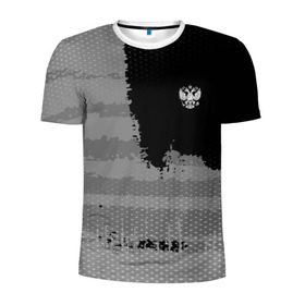 Мужская футболка 3D спортивная с принтом Russia Sport collection Gray в Екатеринбурге, 100% полиэстер с улучшенными характеристиками | приталенный силуэт, круглая горловина, широкие плечи, сужается к линии бедра | abstraction | grunge | russia | sport | абстракция | герб | краска | русский | символика рф | спорт | спортивный | триколор | униформа | форма | я русский