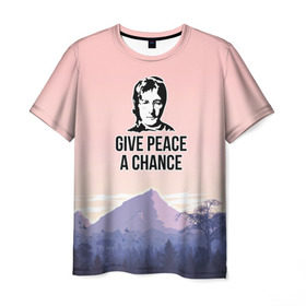 Мужская футболка 3D с принтом Give Peace a Chance в Екатеринбурге, 100% полиэфир | прямой крой, круглый вырез горловины, длина до линии бедер | битлз | горы | джон леннон | ленон | мир | песня | цитаты | шанс