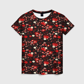 Женская футболка 3D с принтом Цветы на тёмном фоне в Екатеринбурге, 100% полиэфир ( синтетическое хлопкоподобное полотно) | прямой крой, круглый вырез горловины, длина до линии бедер | 