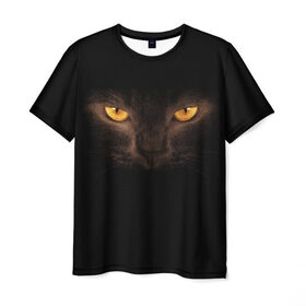 Мужская футболка 3D с принтом Кошачий Взгляд в Екатеринбурге, 100% полиэфир | прямой крой, круглый вырез горловины, длина до линии бедер | глаза | желтый | кот | котейка | котенок | котик | котя | кошка | усатый