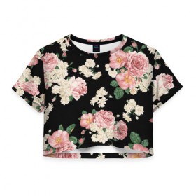 Женская футболка 3D укороченная с принтом Flowers Pattern в Екатеринбурге, 100% полиэстер | круглая горловина, длина футболки до линии талии, рукава с отворотами | 