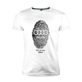 Мужская футболка премиум с принтом Audi it`s in my DNA в Екатеринбурге, 92% хлопок, 8% лайкра | приталенный силуэт, круглый вырез ворота, длина до линии бедра, короткий рукав | ауди | кольца | лого | отпечаток