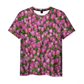 Мужская футболка 3D с принтом Розовые тюльпаны в Екатеринбурге, 100% полиэфир | прямой крой, круглый вырез горловины, длина до линии бедер | 