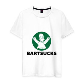 Мужская футболка хлопок с принтом Bartsucks в Екатеринбурге, 100% хлопок | прямой крой, круглый вырез горловины, длина до линии бедер, слегка спущенное плечо. | Тематика изображения на принте: bart | homer | simpsons | барт | гомер | старбакс