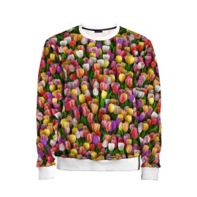 Детский свитшот 3D с принтом Разноцветные тюльпаны в Екатеринбурге, 100% полиэстер | свободная посадка, прямой крой, мягкая тканевая резинка на рукавах и понизу свитшота | Тематика изображения на принте: 8 марта | tulip | белый | букет | желтый | зеленый | красный | паттерн | розовый | тюльпан | тюльпанчики | цветок | цветочки | цветы