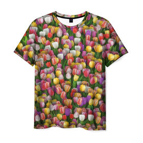 Мужская футболка 3D с принтом Разноцветные тюльпаны в Екатеринбурге, 100% полиэфир | прямой крой, круглый вырез горловины, длина до линии бедер | 8 марта | tulip | белый | букет | желтый | зеленый | красный | паттерн | розовый | тюльпан | тюльпанчики | цветок | цветочки | цветы