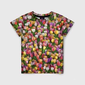 Детская футболка 3D с принтом Разноцветные тюльпаны в Екатеринбурге, 100% гипоаллергенный полиэфир | прямой крой, круглый вырез горловины, длина до линии бедер, чуть спущенное плечо, ткань немного тянется | 8 марта | tulip | белый | букет | желтый | зеленый | красный | паттерн | розовый | тюльпан | тюльпанчики | цветок | цветочки | цветы