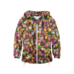 Детская ветровка 3D с принтом Разноцветные тюльпаны в Екатеринбурге, 100% полиэстер | подол и капюшон оформлены резинкой с фиксаторами, по бокам два кармана без застежек, один потайной карман на груди | 8 марта | tulip | белый | букет | желтый | зеленый | красный | паттерн | розовый | тюльпан | тюльпанчики | цветок | цветочки | цветы