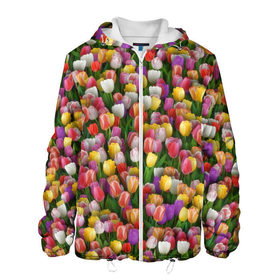 Мужская куртка 3D с принтом Разноцветные тюльпаны в Екатеринбурге, ткань верха — 100% полиэстер, подклад — флис | прямой крой, подол и капюшон оформлены резинкой с фиксаторами, два кармана без застежек по бокам, один большой потайной карман на груди. Карман на груди застегивается на липучку | 8 марта | tulip | белый | букет | желтый | зеленый | красный | паттерн | розовый | тюльпан | тюльпанчики | цветок | цветочки | цветы