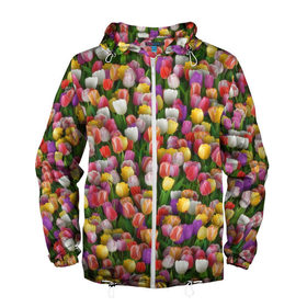 Мужская ветровка 3D с принтом Разноцветные тюльпаны в Екатеринбурге, 100% полиэстер | подол и капюшон оформлены резинкой с фиксаторами, два кармана без застежек по бокам, один потайной карман на груди | Тематика изображения на принте: 8 марта | tulip | белый | букет | желтый | зеленый | красный | паттерн | розовый | тюльпан | тюльпанчики | цветок | цветочки | цветы