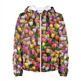 Женская куртка 3D с принтом Разноцветные тюльпаны в Екатеринбурге, ткань верха — 100% полиэстер, подклад — флис | прямой крой, подол и капюшон оформлены резинкой с фиксаторами, два кармана без застежек по бокам, один большой потайной карман на груди. Карман на груди застегивается на липучку | 8 марта | tulip | белый | букет | желтый | зеленый | красный | паттерн | розовый | тюльпан | тюльпанчики | цветок | цветочки | цветы
