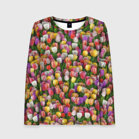 Женский лонгслив 3D с принтом Разноцветные тюльпаны в Екатеринбурге, 100% полиэстер | длинные рукава, круглый вырез горловины, полуприлегающий силуэт | 8 марта | tulip | белый | букет | желтый | зеленый | красный | паттерн | розовый | тюльпан | тюльпанчики | цветок | цветочки | цветы