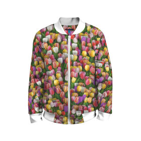 Детский бомбер 3D с принтом Разноцветные тюльпаны в Екатеринбурге, 100% полиэстер | застегивается на молнию, по бокам два кармана без застежек, мягкие манжеты, по низу бомбера и на воротнике — эластичная резинка | 8 марта | tulip | белый | букет | желтый | зеленый | красный | паттерн | розовый | тюльпан | тюльпанчики | цветок | цветочки | цветы