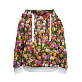 Детская толстовка 3D с принтом Разноцветные тюльпаны в Екатеринбурге, 100% полиэстер | двухслойный капюшон со шнурком для регулировки, мягкие манжеты на рукавах и по низу толстовки, спереди карман-кенгуру с мягким внутренним слоем | Тематика изображения на принте: 8 марта | tulip | белый | букет | желтый | зеленый | красный | паттерн | розовый | тюльпан | тюльпанчики | цветок | цветочки | цветы