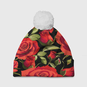 Шапка 3D c помпоном с принтом Великолепные розы в Екатеринбурге, 100% полиэстер | универсальный размер, печать по всей поверхности изделия | Тематика изображения на принте: flower | pattern | spring | букет | весна | паттерн | праздник | розы | цветочный | цветы