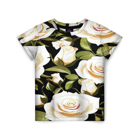 Детская футболка 3D с принтом Белые розы в Екатеринбурге, 100% гипоаллергенный полиэфир | прямой крой, круглый вырез горловины, длина до линии бедер, чуть спущенное плечо, ткань немного тянется | flower | pattern | spring | букет | весна | паттерн | праздник | розы | цветочный | цветы
