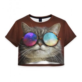 Женская футболка 3D укороченная с принтом котейки в Екатеринбурге, 100% полиэстер | круглая горловина, длина футболки до линии талии, рукава с отворотами | cat | взгляд | космос | кот | котик | очки