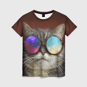 Женская футболка 3D с принтом котейки в Екатеринбурге, 100% полиэфир ( синтетическое хлопкоподобное полотно) | прямой крой, круглый вырез горловины, длина до линии бедер | cat | взгляд | космос | кот | котик | очки