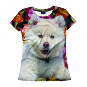 Женская футболка 3D с принтом Хаски в Екатеринбурге, 100% полиэфир ( синтетическое хлопкоподобное полотно) | прямой крой, круглый вырез горловины, длина до линии бедер | весна | собака