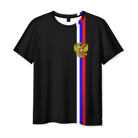 Мужская футболка 3D с принтом Лента с гербом России в Екатеринбурге, 100% полиэфир | прямой крой, круглый вырез горловины, длина до линии бедер | герб | россия | рф | триколор