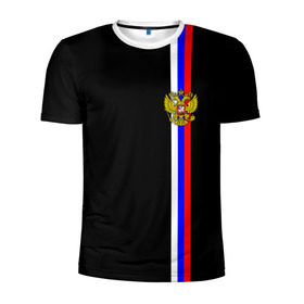 Мужская футболка 3D спортивная с принтом Лента с гербом России в Екатеринбурге, 100% полиэстер с улучшенными характеристиками | приталенный силуэт, круглая горловина, широкие плечи, сужается к линии бедра | герб | россия | рф | триколор