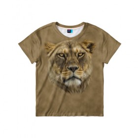 Детская футболка 3D с принтом Львица в Екатеринбурге, 100% гипоаллергенный полиэфир | прямой крой, круглый вырез горловины, длина до линии бедер, чуть спущенное плечо, ткань немного тянется | голова | животные | кошка | лев | львица | природа | хищник