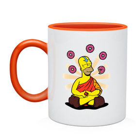 Кружка двухцветная с принтом Homer Relax в Екатеринбурге, керамика | объем — 330 мл, диаметр — 80 мм. Цветная ручка и кайма сверху, в некоторых цветах — вся внутренняя часть | Тематика изображения на принте: simpsons | аватар | буддизм | гомер