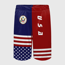 Детские спортивные шорты 3D с принтом USA (США) в Екатеринбурге,  100% полиэстер
 | пояс оформлен широкой мягкой резинкой, ткань тянется
 | us | usa | америка | американец | американка | американцы | америки | герб | доллар | знак | надпись | патриот | полосы | символ | соединенные | страна | сша | флаг | флага | цвета | штаты