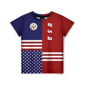 Детская футболка 3D с принтом USA (США) в Екатеринбурге, 100% гипоаллергенный полиэфир | прямой крой, круглый вырез горловины, длина до линии бедер, чуть спущенное плечо, ткань немного тянется | us | usa | америка | американец | американка | американцы | америки | герб | доллар | знак | надпись | патриот | полосы | символ | соединенные | страна | сша | флаг | флага | цвета | штаты