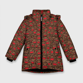 Зимняя куртка для девочек 3D с принтом Толпа домо-кунов в Екатеринбурге, ткань верха — 100% полиэстер; подклад — 100% полиэстер, утеплитель — 100% полиэстер. | длина ниже бедра, удлиненная спинка, воротник стойка и отстегивающийся капюшон. Есть боковые карманы с листочкой на кнопках, утяжки по низу изделия и внутренний карман на молнии. 

Предусмотрены светоотражающий принт на спинке, радужный светоотражающий элемент на пуллере молнии и на резинке для утяжки. | Тематика изображения на принте: domikun | domo | domo kun | jdm | домо | домо кун | домокун | дрифт | зубы | коричневый | мем | монстр | пасть | паттрен | япония | японский