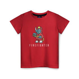 Детская футболка хлопок с принтом Пожарный в Екатеринбурге, 100% хлопок | круглый вырез горловины, полуприлегающий силуэт, длина до линии бедер | Тематика изображения на принте: fire | firefighter | борец с огнем | для пожарных | носорог | огонь | пожар | пожарник | пожарный