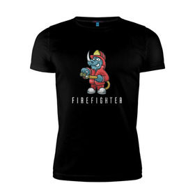 Мужская футболка премиум с принтом Пожарный в Екатеринбурге, 92% хлопок, 8% лайкра | приталенный силуэт, круглый вырез ворота, длина до линии бедра, короткий рукав | fire | firefighter | борец с огнем | для пожарных | носорог | огонь | пожар | пожарник | пожарный