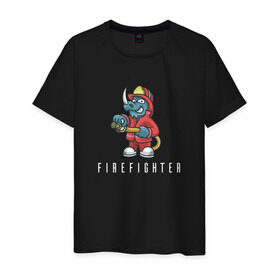 Мужская футболка хлопок с принтом Пожарный в Екатеринбурге, 100% хлопок | прямой крой, круглый вырез горловины, длина до линии бедер, слегка спущенное плечо. | fire | firefighter | борец с огнем | для пожарных | носорог | огонь | пожар | пожарник | пожарный