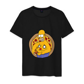 Мужская футболка хлопок с принтом Гомер и пицца в Екатеринбурге, 100% хлопок | прямой крой, круглый вырез горловины, длина до линии бедер, слегка спущенное плечо. | homer | simpsons | гомер