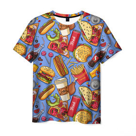 Мужская футболка 3D с принтом Fastfood в Екатеринбурге, 100% полиэфир | прямой крой, круглый вырез горловины, длина до линии бедер | Тематика изображения на принте: chicken | coffee | cola | drink | dunts | eat | fastfood | frenchfires | hotdog | lollypop | pizza | sweets | бургер | еда | кола | кофе | лимонад | напитки | пицца | пончик | фастфуд | хотдог